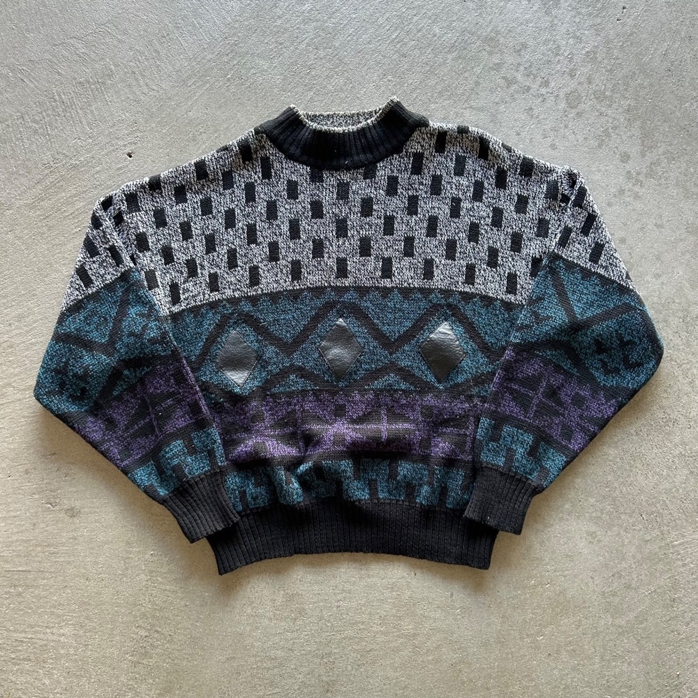 Vintage 90s Stefano Man Geometric Sweater Size Medium Gray Green Pullover Knit